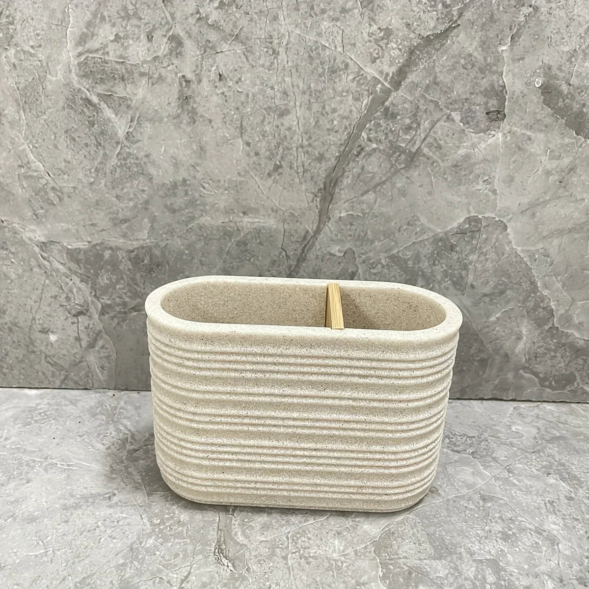 [4pcs Wooden Bathroom Set] Four-piece Wooden Bathroom Set | Wood Grain Water Transfer Print Nozzle Beige Sandstone Lotion Bottle Mouth Cup Toothbrush Holder Toilet Brush with Wooden Handle