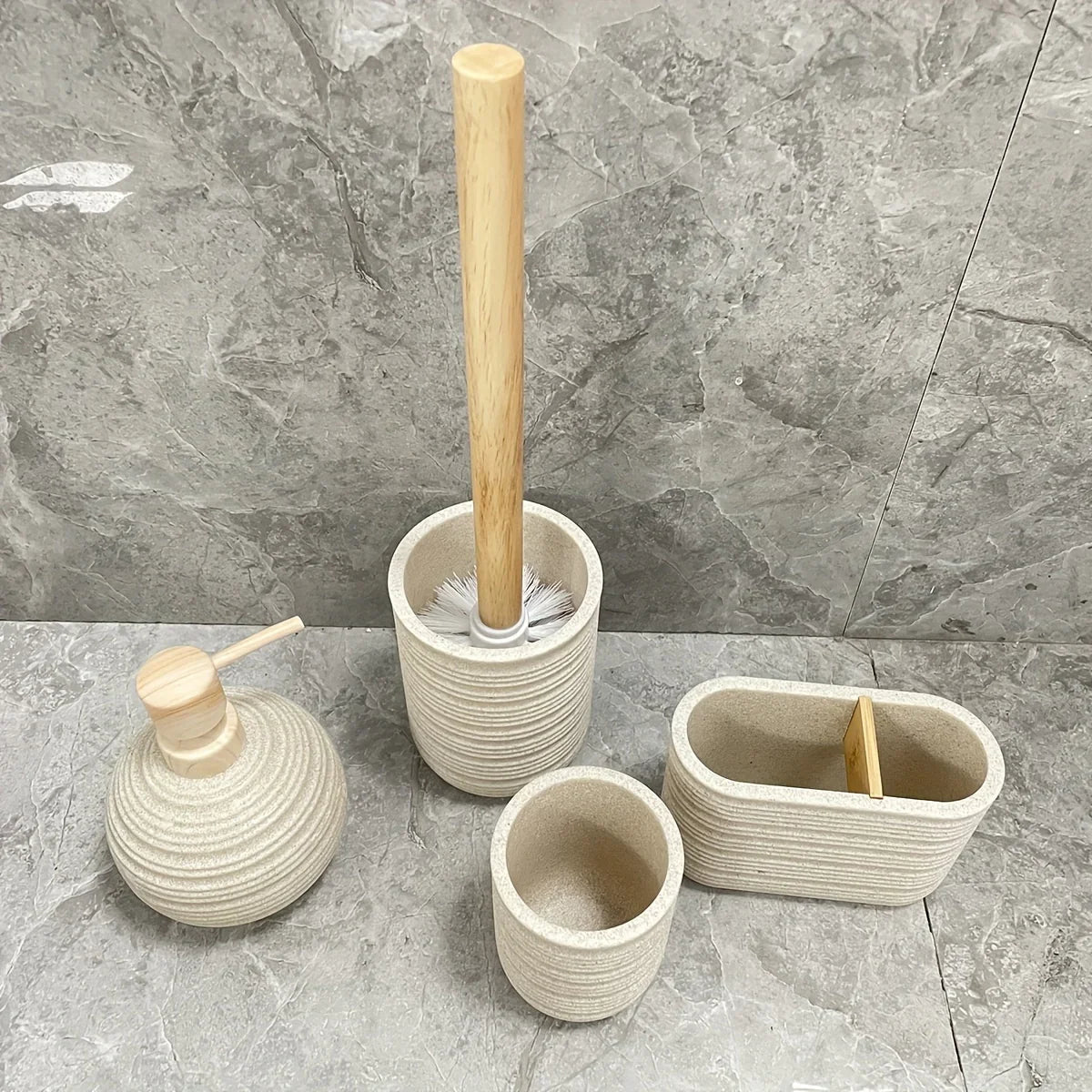 [4pcs Wooden Bathroom Set] Four-piece Wooden Bathroom Set | Wood Grain Water Transfer Print Nozzle Beige Sandstone Lotion Bottle Mouth Cup Toothbrush Holder Toilet Brush with Wooden Handle