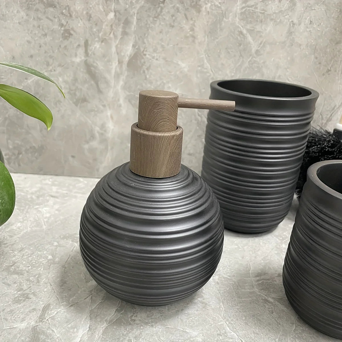 [4pcs Wooden Bathroom Set] Four-piece Wooden Bathroom Set | Wood Grain Water Transfer Print Nozzle Beige Sandstone Lotion Bottle Mouth Cup Toothbrush Holder Toilet Brush with Wooden Handle