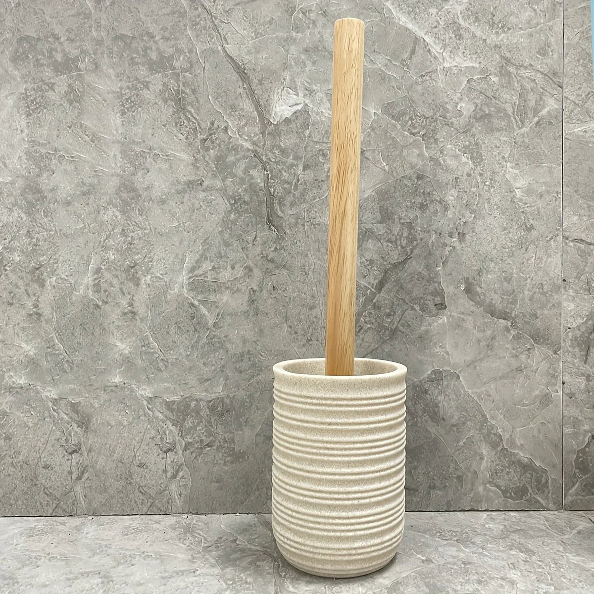 [4pcs Wooden Bathroom Set] Four-piece Wooden Bathroom Set | Wood Grain Water Transfer Print Nozzle Beige Sandstone Lotion Bottle Mouth Cup Toothbrush Holder Toilet Brush with Wooden Handle