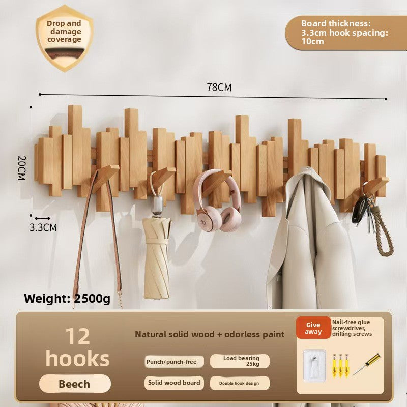 Solid Wood Adhesive Door Hook Rack for Hats and Coats
