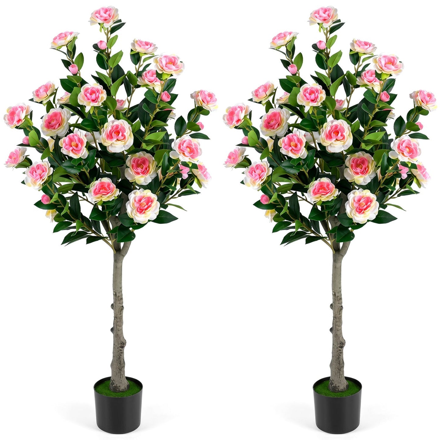 Artificial Camellia Tree with 27 Blossoms in Cement Pot
