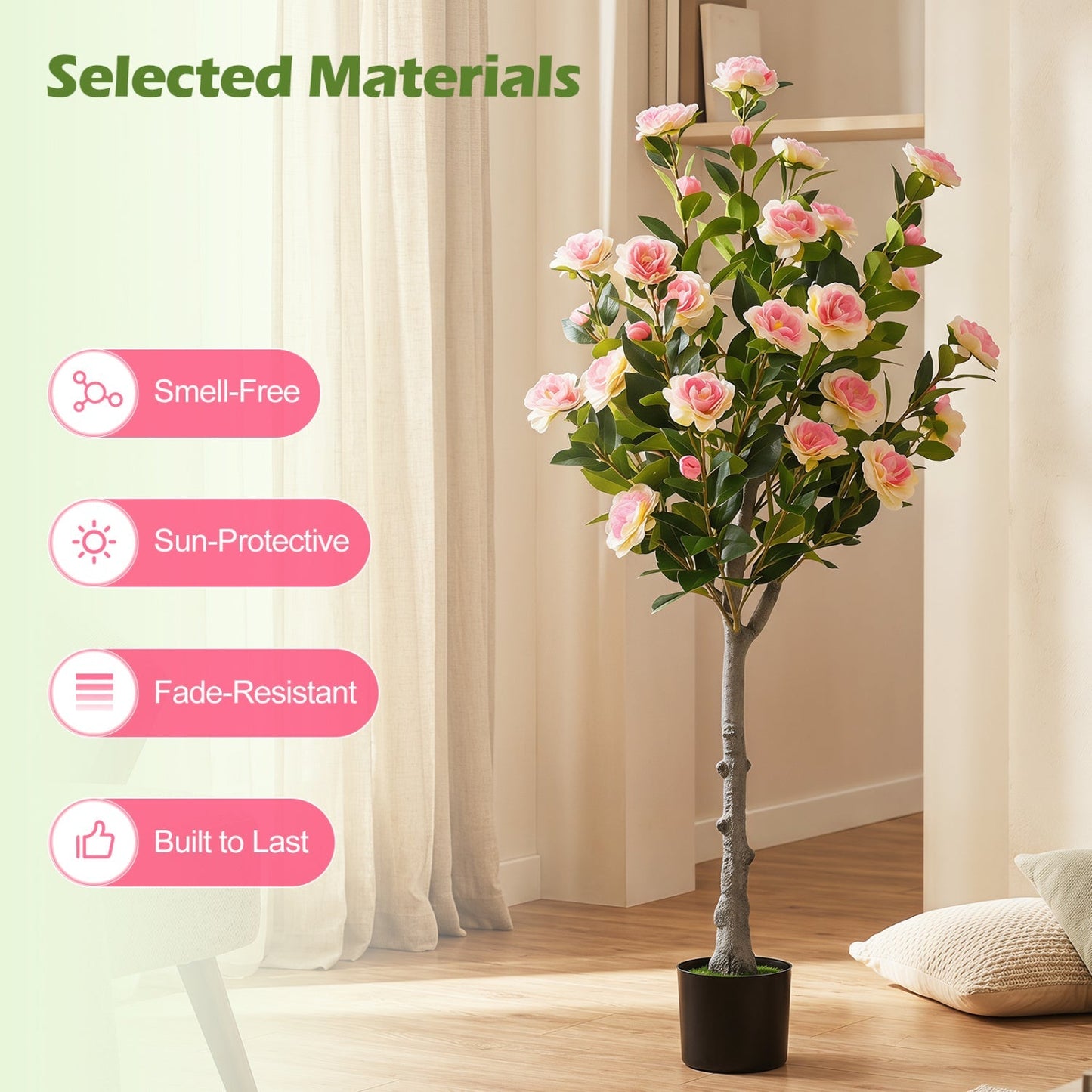 Artificial Camellia Tree with 27 Blossoms in Cement Pot