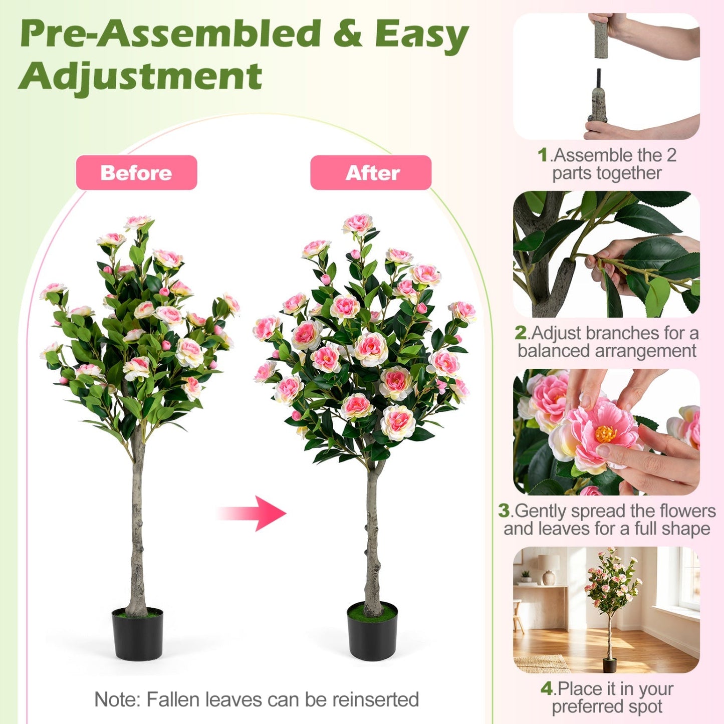 Artificial Camellia Tree with 27 Blossoms in Cement Pot