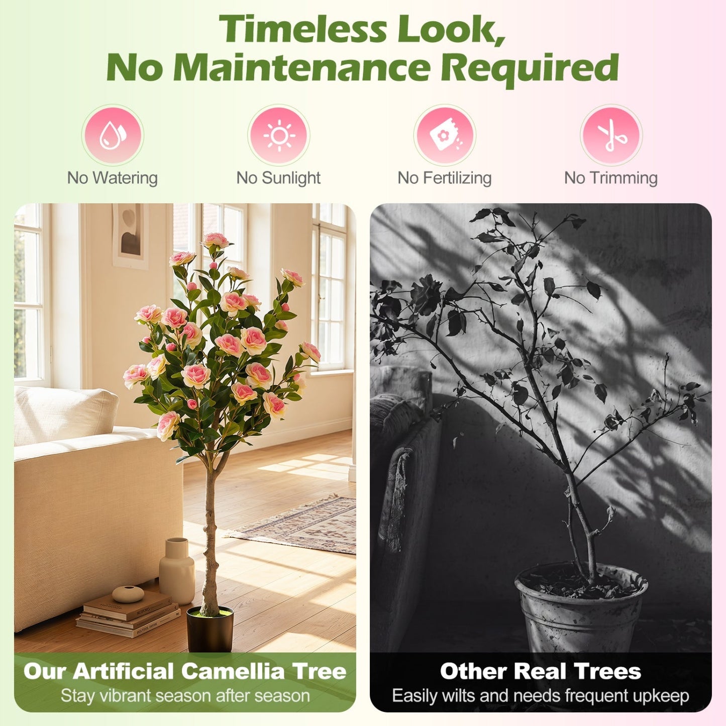 Artificial Camellia Tree with 27 Blossoms in Cement Pot