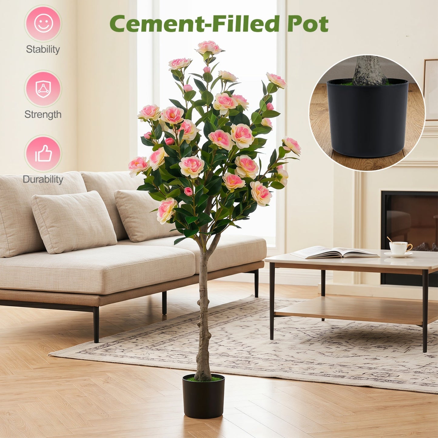 Artificial Camellia Tree with 27 Blossoms in Cement Pot