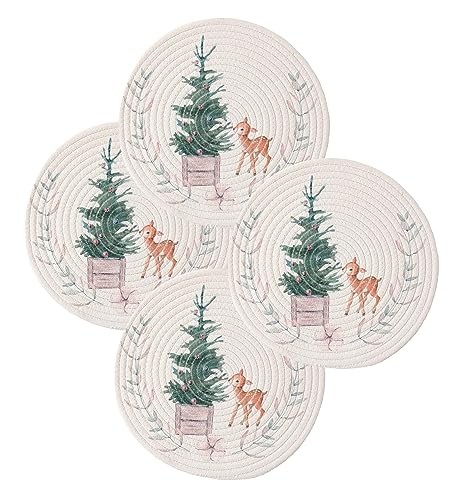 Fennco Styles Rabbit & Botanical Print Cotton Blend Woven Placemats 12" Round, Set of 4 - Cartoon Animal Design White Table Mats for Home Décor, Dining Table, Banquet, Holiday and Family Gathering