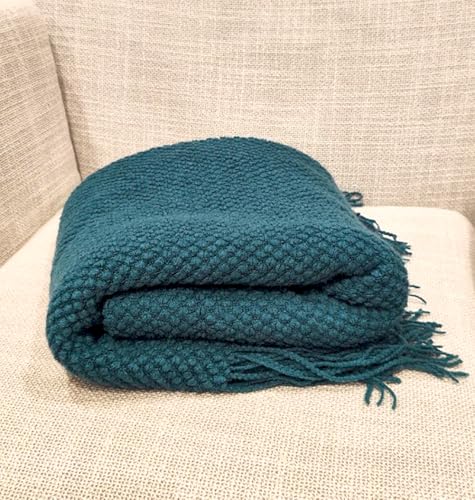 Fennco Styles Textured Knit Solid Fringe Throw Blanket 50" W x 60" L - Navy Blue Waffle Pattern Light Weight Blanket for Sofa, Couch, Living Room and Bedroom Décor
