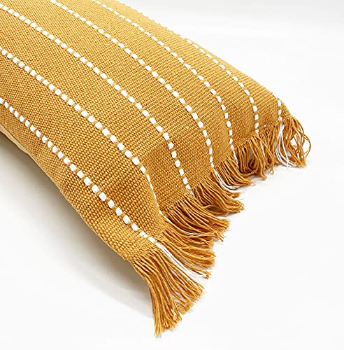 Fennco Styles Stitch Line Woven Fringe Cotton Decorative Throw Pillow 20" W x 20" L - White Cushion for Couch, Bedroom, Living Room and Office Décor