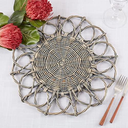 Fennco Styles Hand Twisted Rattan Placemat 15" Round, 1- Piece - Caramel Boho Flower Table Mats Heat Resistant Insulation for Home, Boho Décor, Dining Table, Banquets, Special Events