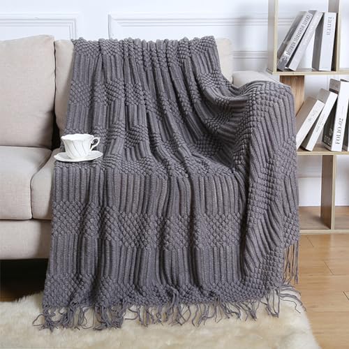 Fennco Styles Striped Knit Solid Fringe Throw Blanket 50" W x 60" L - Navy Blue Soft Textured Light Weight Blanket for Sofa, Couch, Living Room and Bedroom Décor