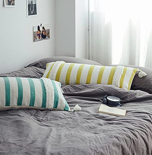 Fennco Styles Handcrafted Tufted Striped Tassel Decorative Lumbar Throw Pillow Cover 14" W x 32" L - Cushion Case for Home, Couch, Living Room, Bedroom, Office Décor