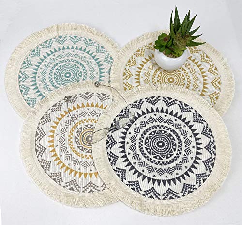 Fennco Styles Boho Mandala Fringe Decorative Cotton Placemats 13-inch Round, Set of 4 - Grey Heat Resistant Insulation Table Mats for Home Decor, Dining Table, Banquets and Special Events