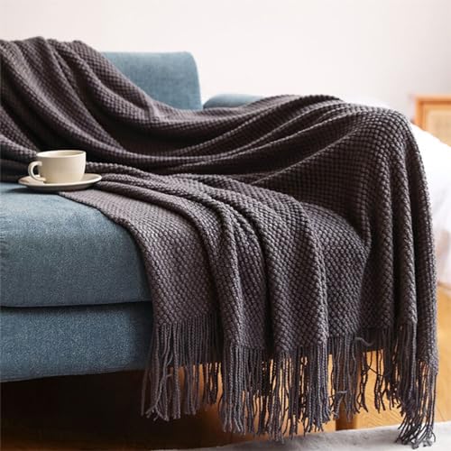 Fennco Styles Textured Knit Solid Fringe Throw Blanket 50" W x 60" L - Navy Blue Waffle Pattern Light Weight Blanket for Sofa, Couch, Living Room and Bedroom Décor