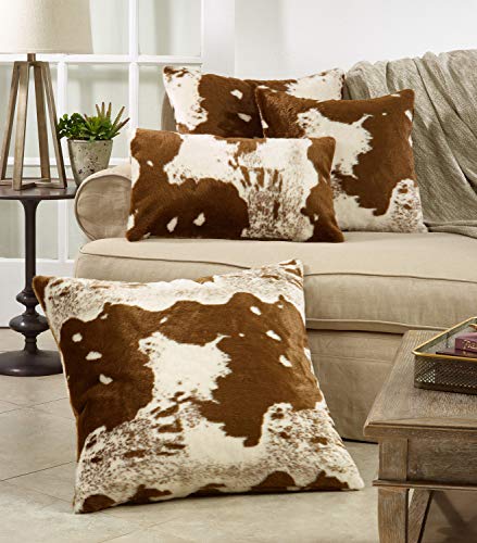 Fennco Styles Rustic Faux Fur Cowhide 28" W x 28" L Decorative Throw Pillow Case – Brown Fur Pillow Case for Couch, Bedroom and Living Room Décor