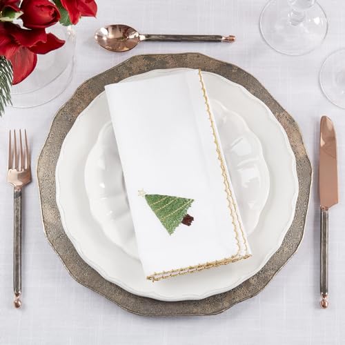 Fennco Styles Embroidered Holiday Wreath Whip Stitch Cloth Napkins 18" W x 18" L, Set of 4 - White Cotton Dinner Napkins for Winter Festivals, Christmas, Banquets, and Special Events