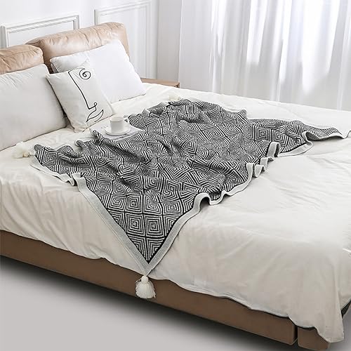 Fennco Styles Modern Diamond Knitted Throw Blanket with Tassel 50" W x 60" L – Taupe Geometric Pattern Lightweight Blanket for Couch, Bedroom, Living Room and Office Décor