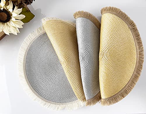 Fennco Styles Hand Braided Fringe Boho Placemats 15 Inch Round, Set of 4 - Beige & White Woven Textured Table Mats for Home, Dining Room, Banquets, Family Gathering and Special Occasion