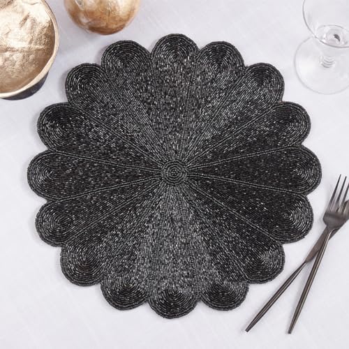 Fennco Styles Flower Design Handmade Beaded 15-inch Round Placemat - 1-Piece - Elegant Table Mat for Banquets, Family Gathering, Special Events and Home Décor