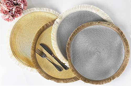 Fennco Styles Hand Braided Fringe Boho Placemats 15 Inch Round, Set of 4 - Beige & White Woven Textured Table Mats for Home, Dining Room, Banquets, Family Gathering and Special Occasion
