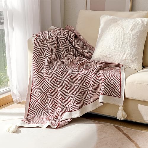 Fennco Styles Modern Diamond Knitted Throw Blanket with Tassel 50" W x 60" L – Taupe Geometric Pattern Lightweight Blanket for Couch, Bedroom, Living Room and Office Décor