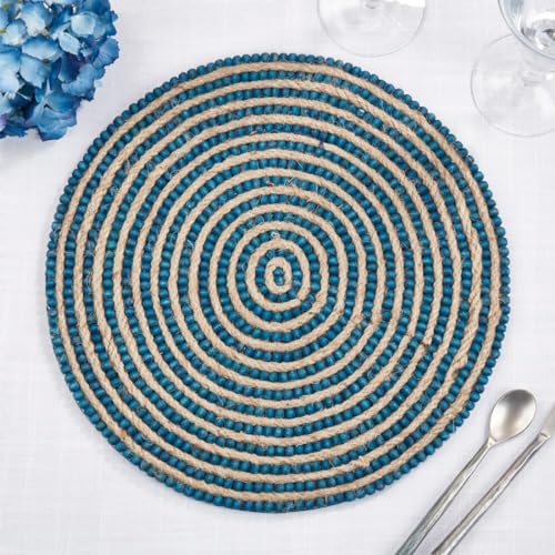 Fennco Styles Hand Beaded Spiral Swirl Design Placemat 14" Round, 1-Piece - Blue Wood Beads and Jute Table Mat for Home Décor, Family Gathering, Banquets, Everyday Use and Special Occasion