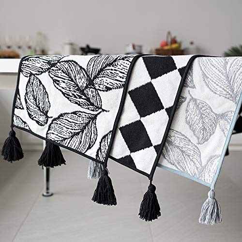 Fennco Styles Black and White Checker Woven Table Runner - 14 x 71 Inch Check Runner Table Centerpiece for Dining Home Decor, Indoor Parties, Holiday Events Tassel Table Runner