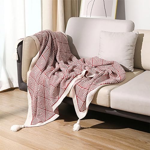Fennco Styles Modern Diamond Knitted Throw Blanket with Tassel 50" W x 60" L – Taupe Geometric Pattern Lightweight Blanket for Couch, Bedroom, Living Room and Office Décor
