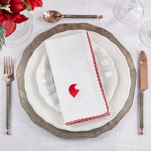 Fennco Styles Embroidered Holiday Wreath Whip Stitch Cloth Napkins 18" W x 18" L, Set of 4 - White Cotton Dinner Napkins for Winter Festivals, Christmas, Banquets, and Special Events