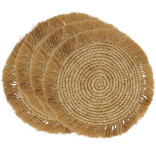 Fennco Styles Raffia Fringe Woven Placemats 15 Inch Round, Set of 4 - Natural Boho Table Mats for Home, Dining Room, Banquets, Family Gathering and Special Occasion