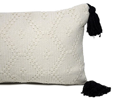 Fennco Styles Ivory Boho Tribal Textured Tassels Throw Pillow Cover 12" W X 20" L - Woven Diamond Accent Pillow Case for Home, Couch, Bedroom, and Office Decor