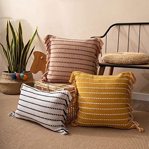 Fennco Styles Stitch Line Woven Fringe Cotton Decorative Throw Pillow 20" W x 20" L - White Cushion for Couch, Bedroom, Living Room and Office Décor