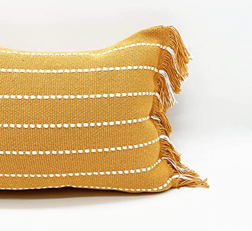 Fennco Styles Stitch Line Woven Fringe Cotton Decorative Throw Pillow 20" W x 20" L - White Cushion for Couch, Bedroom, Living Room and Office Décor