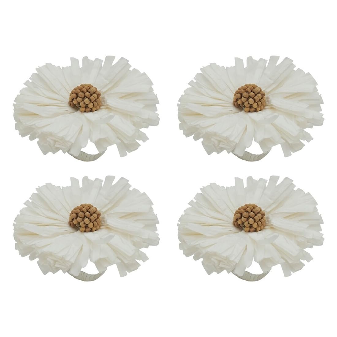 Fennco Styles Handmade Raffia Flower Decorative Napkin Rings, Set of 4 - White Rustic Floral Napkin Holders for Dining Table, Banquet, Spring and Summer Décor and Special Events