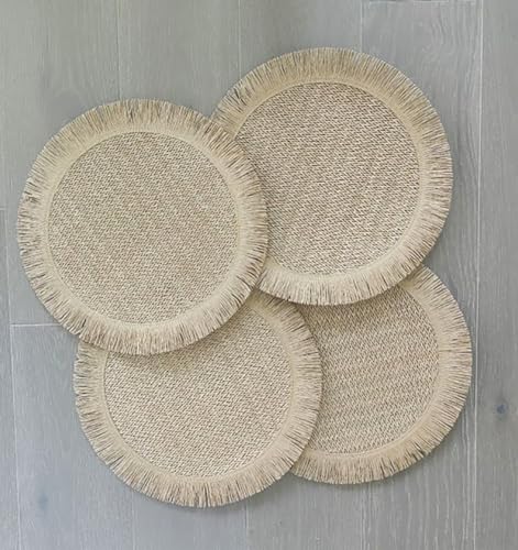 Fennco Styles Woven Round Fringe Solid Color Placemats 14" Round, Set of 4