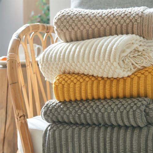 Fennco Styles Striped Knit Solid Fringe Throw Blanket 50" W x 60" L - Navy Blue Soft Textured Light Weight Blanket for Sofa, Couch, Living Room and Bedroom Décor