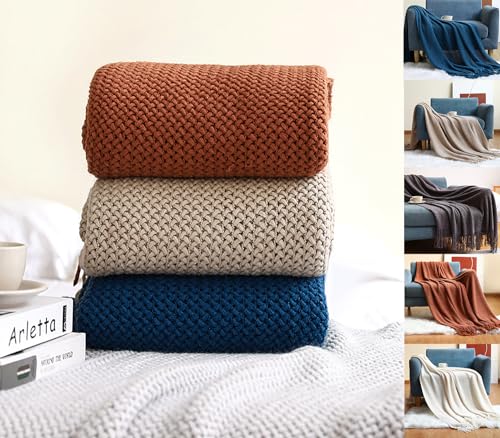 Fennco Styles Textured Knit Solid Fringe Throw Blanket 50" W x 60" L - Navy Blue Waffle Pattern Light Weight Blanket for Sofa, Couch, Living Room and Bedroom Décor
