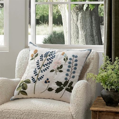 Fennco Styles Embroidered Spring Floral Decorative Filled Throw Pillow 18" W x 18" L - Flower Woven Cushion for Home, Couch, Living Room, Bedroom, Office and Holiday Décor