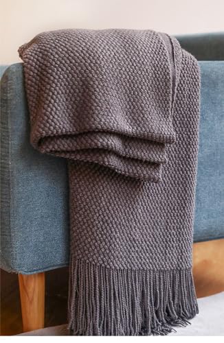 Fennco Styles Textured Knit Solid Fringe Throw Blanket 50" W x 60" L - Navy Blue Waffle Pattern Light Weight Blanket for Sofa, Couch, Living Room and Bedroom Décor