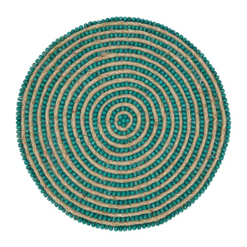 Fennco Styles Hand Beaded Spiral Swirl Design Placemat 14" Round, 1-Piece - Blue Wood Beads and Jute Table Mat for Home Décor, Family Gathering, Banquets, Everyday Use and Special Occasion