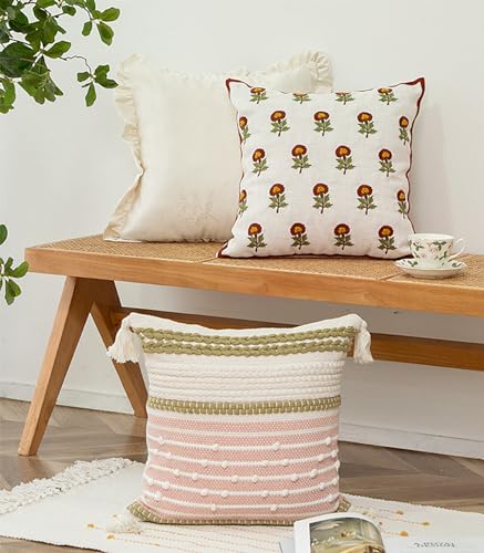 Fennco Styles Embroidered Spring Floral Decorative Filled Throw Pillow 18" W x 18" L - Flower Woven Cushion for Home, Couch, Living Room, Bedroom, Office and Holiday Décor