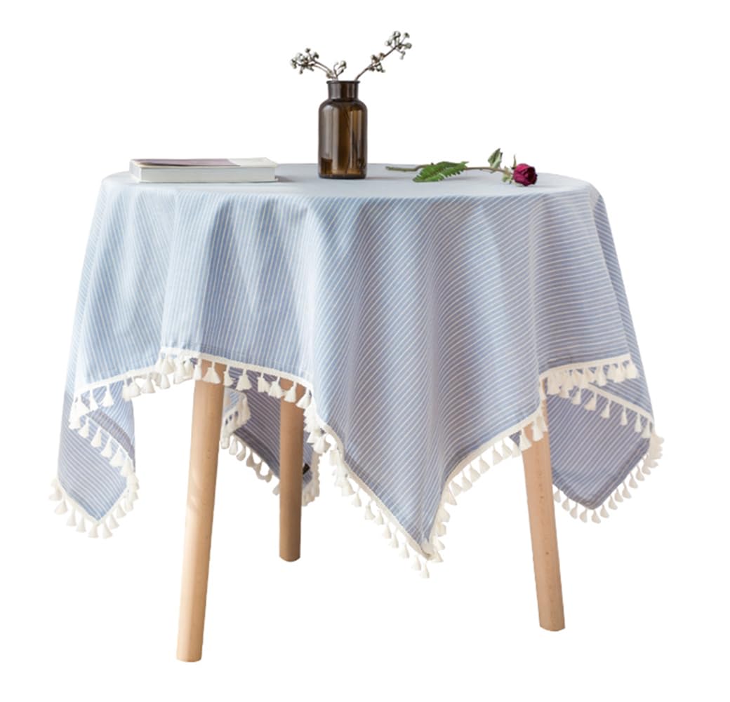 Fennco Styles Simply Striped Tassel Cotton Blend 55 x 55 Inch Tablecloth - Green Table Cover for Banquets, Holiday, Special Events, Outdoor and Home Décor