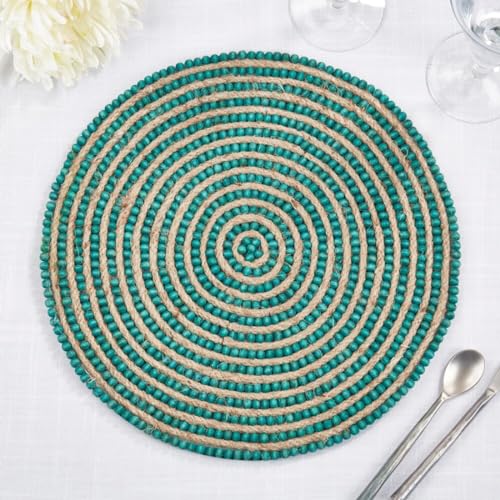 Fennco Styles Hand Beaded Spiral Swirl Design Placemat 14" Round, 1-Piece - Blue Wood Beads and Jute Table Mat for Home Décor, Family Gathering, Banquets, Everyday Use and Special Occasion