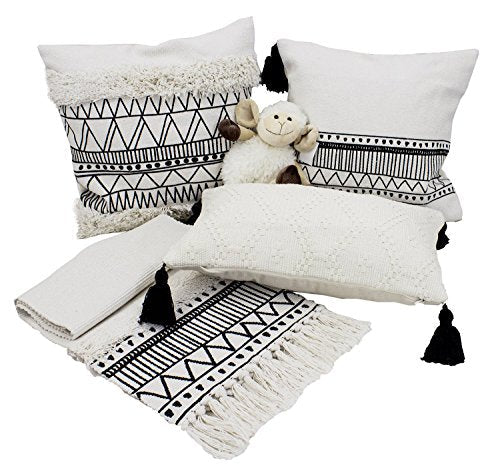 Fennco Styles Ivory Boho Tribal Textured Tassels Throw Pillow Cover 12" W X 20" L - Woven Diamond Accent Pillow Case for Home, Couch, Bedroom, and Office Decor