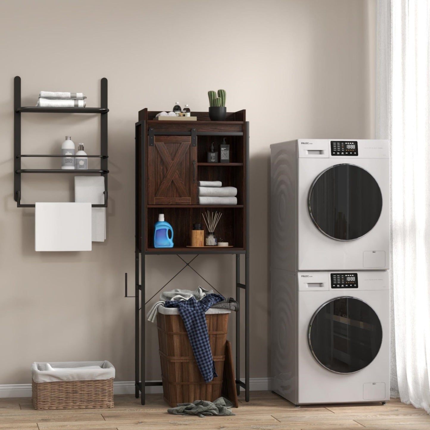 Laundry Room Bundle: Wooden Cabinet Wall-Mounted Bathroom Storage Clothe Dryer Laundry Basket