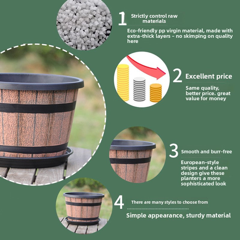 Retro Imitation Wooden Barrel Plastic Flower Pot