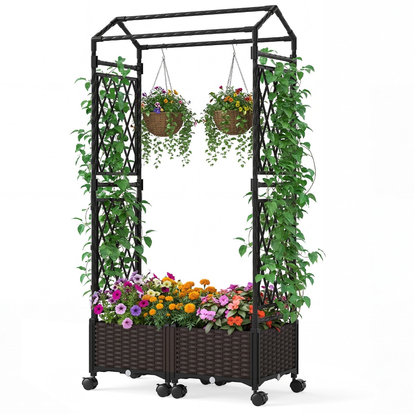 5.5 FT Self-Watering Planter Boxes with Lattice Trellis and Roof