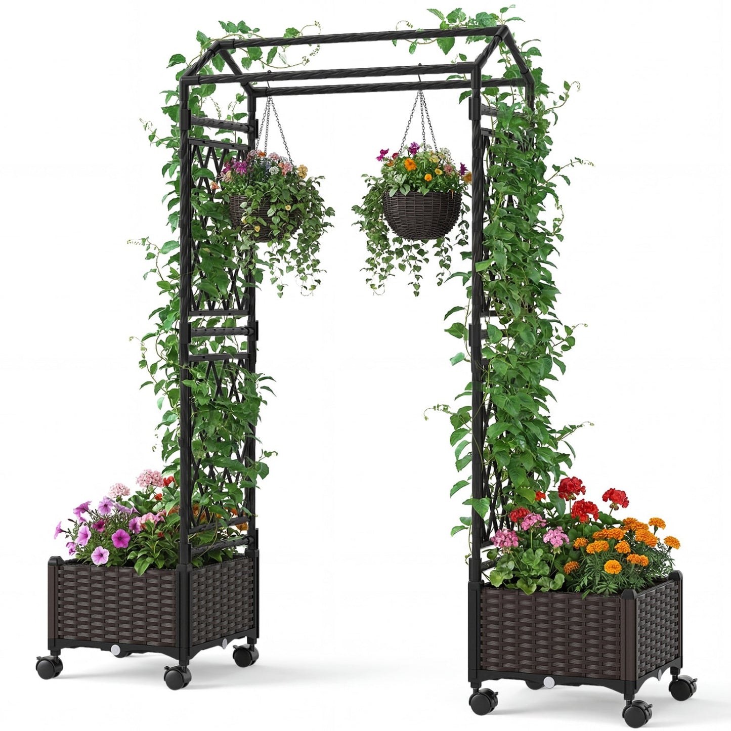 5.5 FT Self-Watering Planter Boxes with Lattice Trellis and Roof