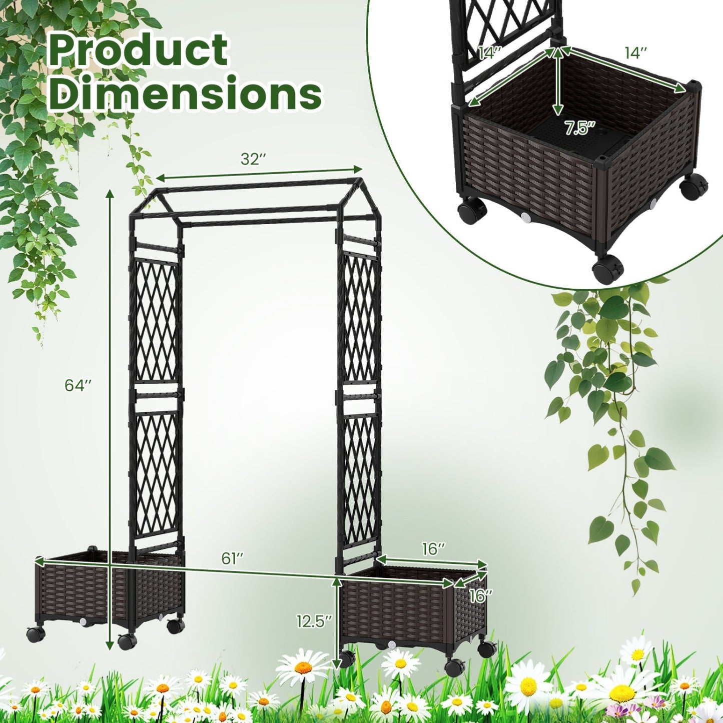 5.5 FT Self-Watering Planter Boxes with Lattice Trellis and Roof