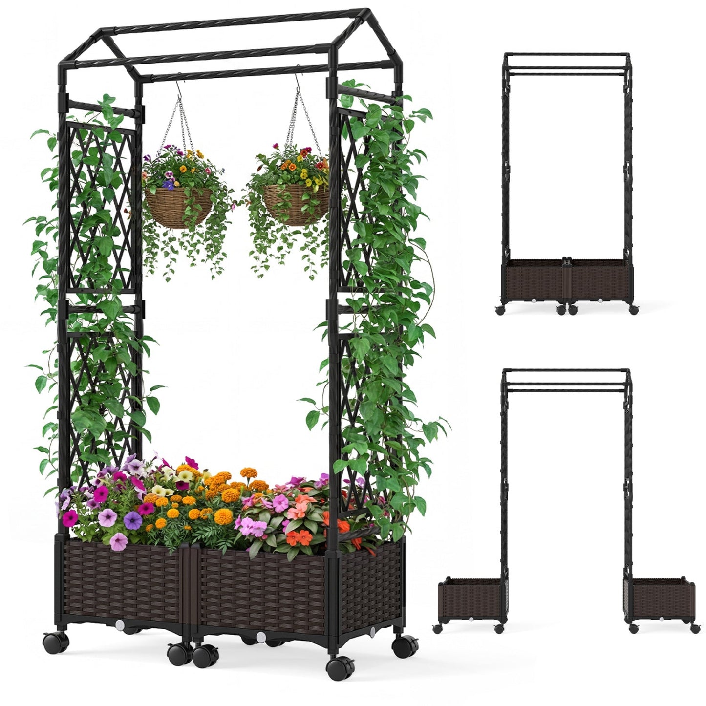 5.5 FT Self-Watering Planter Boxes with Lattice Trellis and Roof